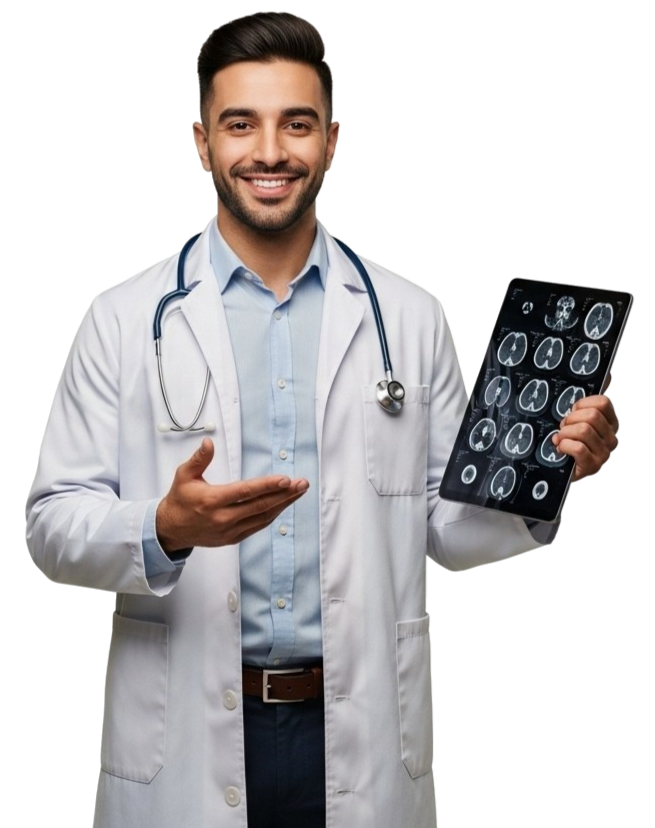 Professional radiologist in white coat holding x-ray image, representing premium medical talent